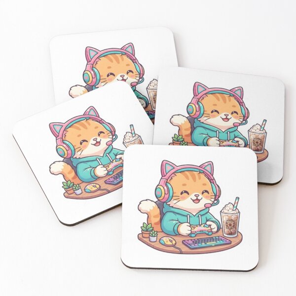 Aperçu de l'œuvre Chat gamer kawaii avec manette et café créée et vendue par PrintforDesign.