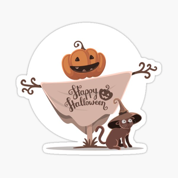 Aperçu de l'œuvre Épouvantail citrouille et chat en chapeau de sorcière Halloween créée et vendue par Jackson-Will.