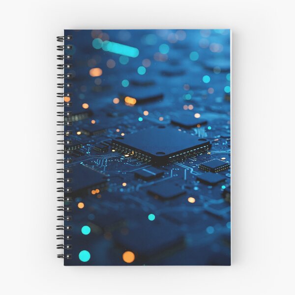 Item preview, A macro close-up of a blue circuit board with glowing blue and orange lights and intricate electronic components designed and sold by homydesign.