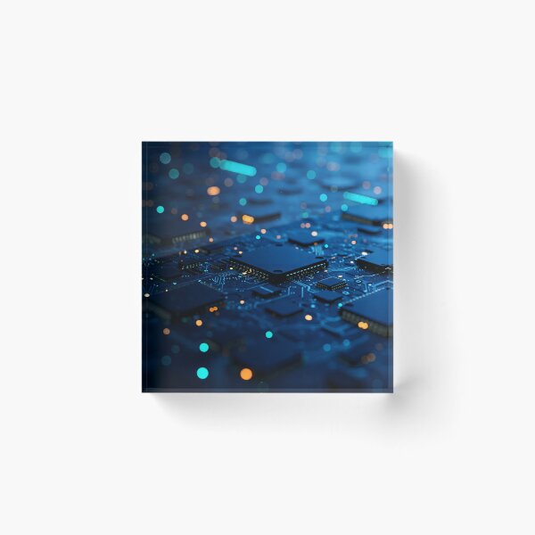 Item preview, A macro close-up of a blue circuit board with glowing blue and orange lights and intricate electronic components designed and sold by homydesign.