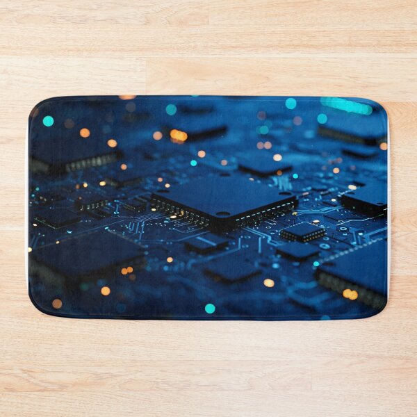 Item preview, A macro close-up of a blue circuit board with glowing blue and orange lights and intricate electronic components designed and sold by homydesign.