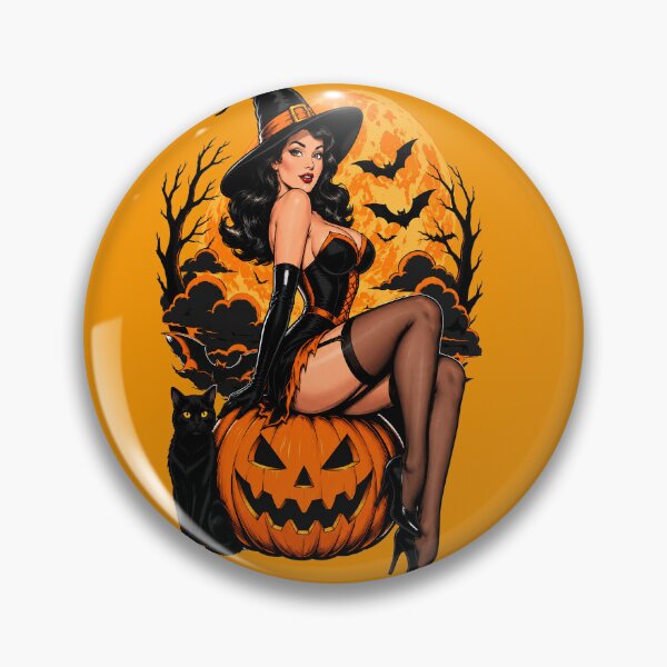 Item preview, Halloween Witch Pin Up Girl with Jack O’ Lantern, Black Cat & Bats – Spooky Retro Halloween Art designed and sold by PinUpPavilion.