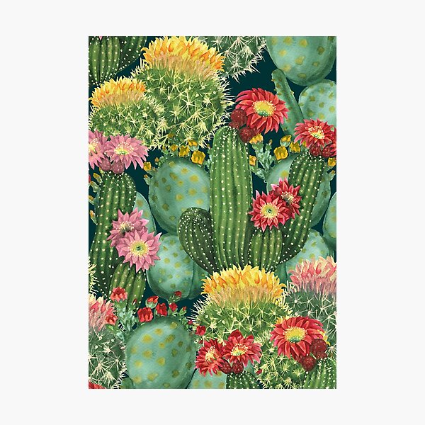 Item preview, Blooming Cactus Pattern with Desert Flowers on Deep Teal designed and sold by Sveta Aho.