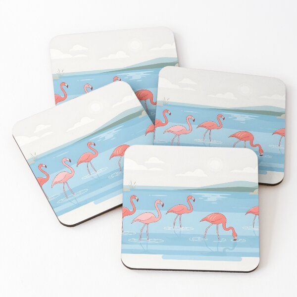 Item preview, A minimalist vector illustration of pink flamingos wading in a calm body of water designed and sold by homydesign.