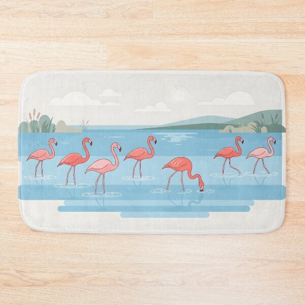 Item preview, A minimalist vector illustration of pink flamingos wading in a calm body of water designed and sold by homydesign.