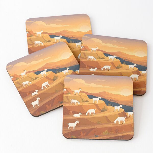 Item preview, A vector illustration of white goats grazing on a terraced hillside at sunset designed and sold by homydesign.