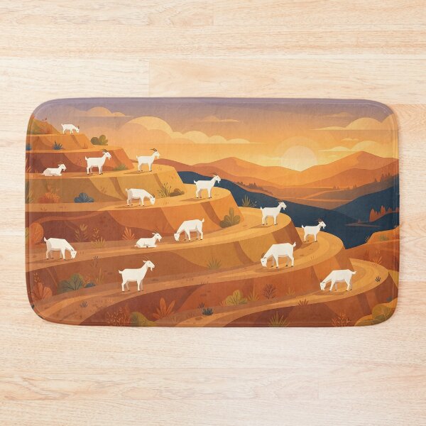 Item preview, A vector illustration of white goats grazing on a terraced hillside at sunset designed and sold by homydesign.