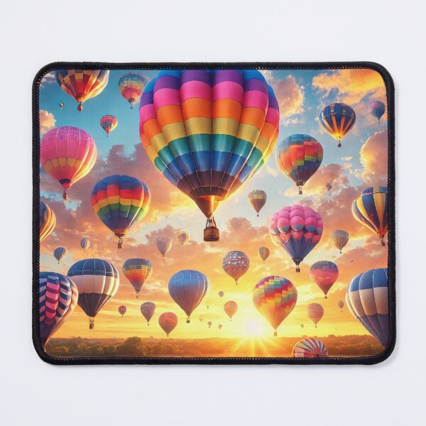 Artikelvorschau, Eine atemberaubende Szene eines Heißluftballonfestivals mit einer lebendigen Vielfalt an bunten Ballons, die vor einem dramatischen Sonnenuntergangshimmel schweben. entworfen und verkauft von homydesign.
