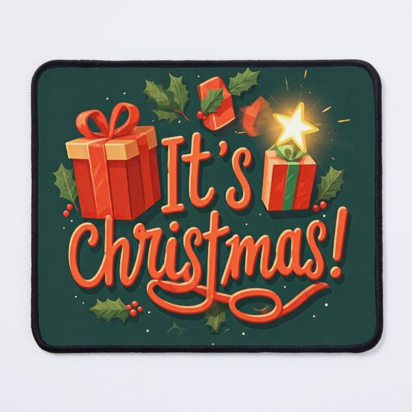 Item preview, A festive Christmas card with presents, holly leaves, and the message "It's Christmas!" in bold lettering designed and sold by homydesign.