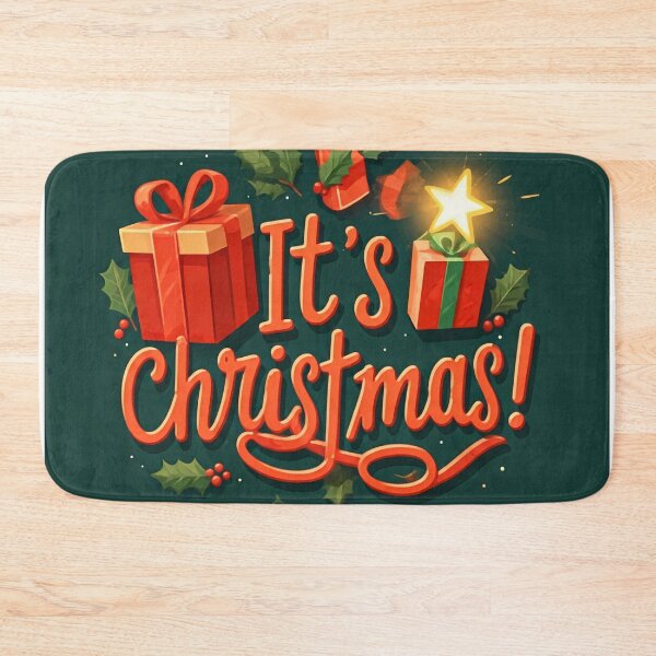 Item preview, A festive Christmas card with presents, holly leaves, and the message "It's Christmas!" in bold lettering designed and sold by homydesign.
