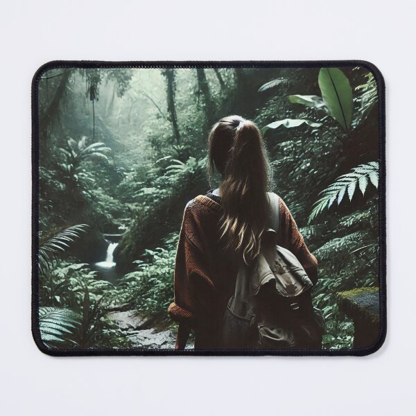 Item preview, A woman with a backpack stands in a lush, dense forest, gazing at a small waterfall in the distance, surrounded by vibrant green foliage designed and sold by homydesign.