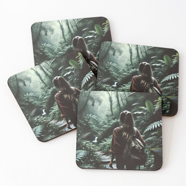 Item preview, A woman with a backpack stands in a lush, dense forest, gazing at a small waterfall in the distance, surrounded by vibrant green foliage designed and sold by homydesign.
