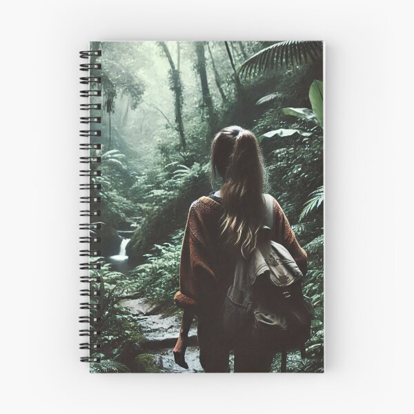 Item preview, A woman with a backpack stands in a lush, dense forest, gazing at a small waterfall in the distance, surrounded by vibrant green foliage designed and sold by homydesign.