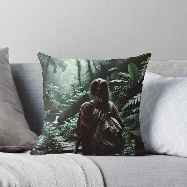 Item preview, A woman with a backpack stands in a lush, dense forest, gazing at a small waterfall in the distance, surrounded by vibrant green foliage designed and sold by homydesign.