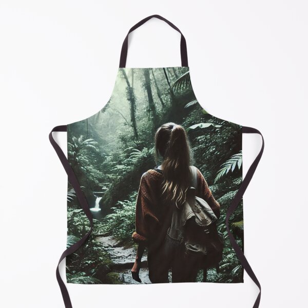 Item preview, A woman with a backpack stands in a lush, dense forest, gazing at a small waterfall in the distance, surrounded by vibrant green foliage designed and sold by homydesign.