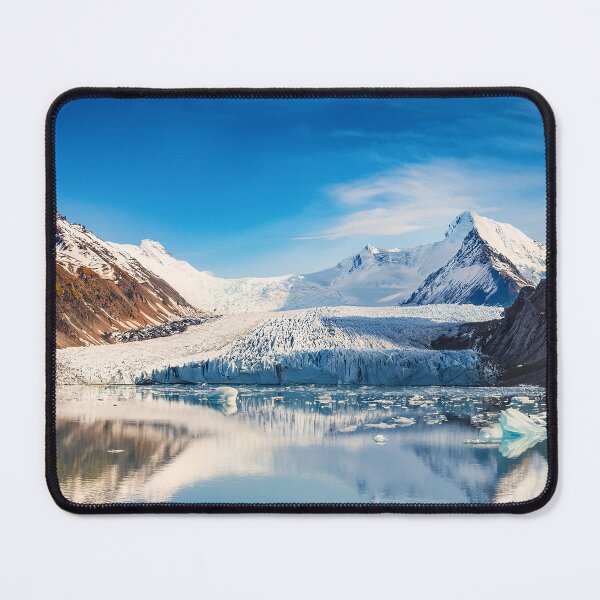 Item preview, A majestic glacier reflecting in a calm lake, surrounded by towering mountains under a clear blue sky designed and sold by homydesign.