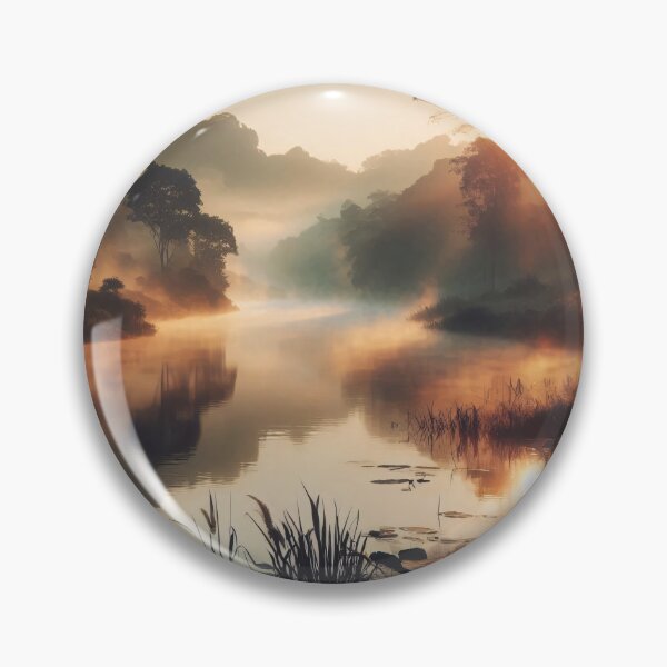 Item preview, The sun rises over a tranquil river, casting a warm glow on the misty landscape and the trees lining the banks designed and sold by homydesign.