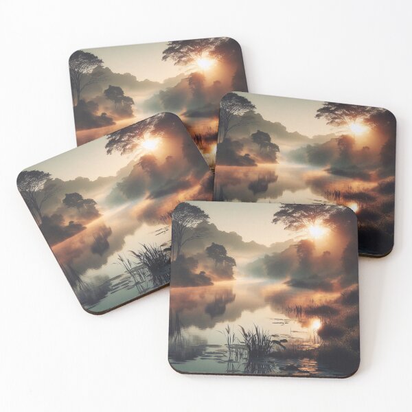 Item preview, El sol sale sobre un río tranquilo, proyectando un cálido resplandor sobre el paisaje brumoso y los árboles que bordean las orillas. designed and sold by homydesign.