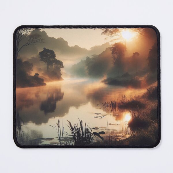 Item preview, The sun rises over a tranquil river, casting a warm glow on the misty landscape and the trees lining the banks designed and sold by homydesign.