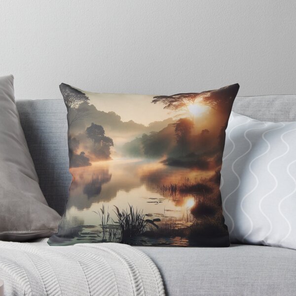 Item preview, The sun rises over a tranquil river, casting a warm glow on the misty landscape and the trees lining the banks designed and sold by homydesign.