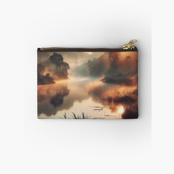 Item preview, The sun rises over a tranquil river, casting a warm glow on the misty landscape and the trees lining the banks designed and sold by homydesign.