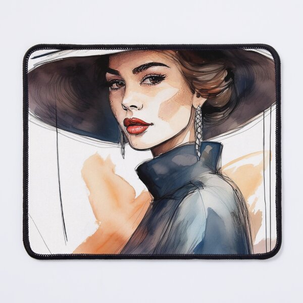 Item preview, A stylish figure in a high-collared dress and wide-brimmed hat with a flower accent, rendered in a watercolor style with abstract background elements designed and sold by homydesign.