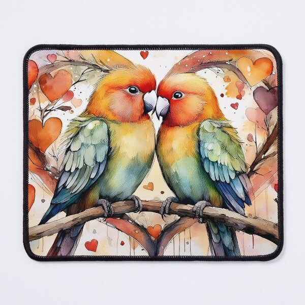Item preview, Two colorful lovebirds facing each other on a branch, surrounded by hearts in a watercolor painting designed and sold by homydesign.