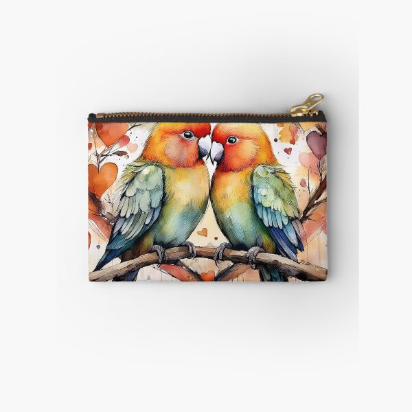 Item preview, Two colorful lovebirds facing each other on a branch, surrounded by hearts in a watercolor painting designed and sold by homydesign.