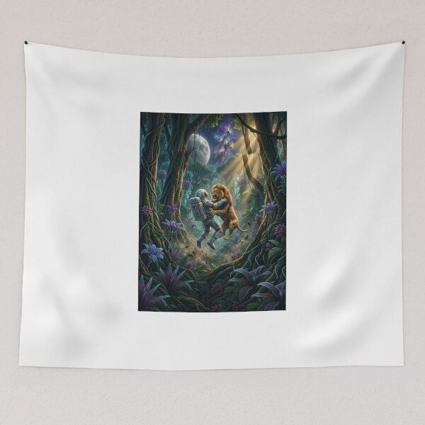 Item preview, Astronaut vs Majestic Lion in a Cosmic Jungle | Pop Surrealism Wilderness Art designed and sold by Rain-Road.
