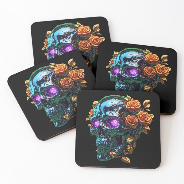 Item preview, Gothic Cyberpunk Chrome Skull Neon Orange Roses designed and sold by Cyber Gold Studio.