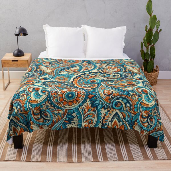 Item preview, Estampado paisley folclórico en tonos verde azulado y naranja – Patrón floral bohemio vintage designed and sold by Apex Designs.