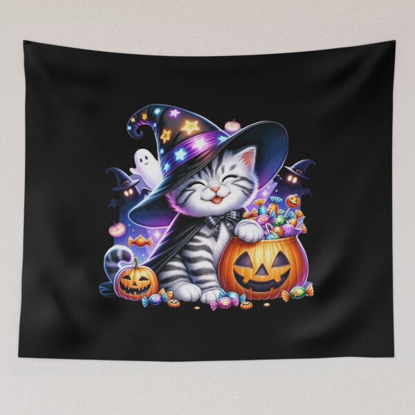 Item preview, Cute Halloween Witch Cat With Glowing Stars Hat And Candy Pumpkin  T-shirt  designed and sold by Alicjareign.