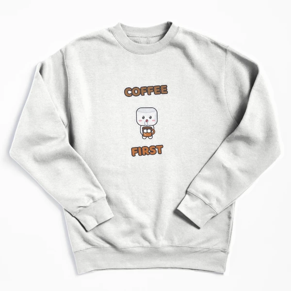 Coffee First - Cute Marshmallow Pip with a Mug — Pullover Sweatshirt by BiMood