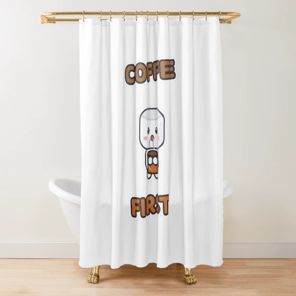 Coffee First - Cute Marshmallow Pip with a Mug — Shower Curtain by BiMood
