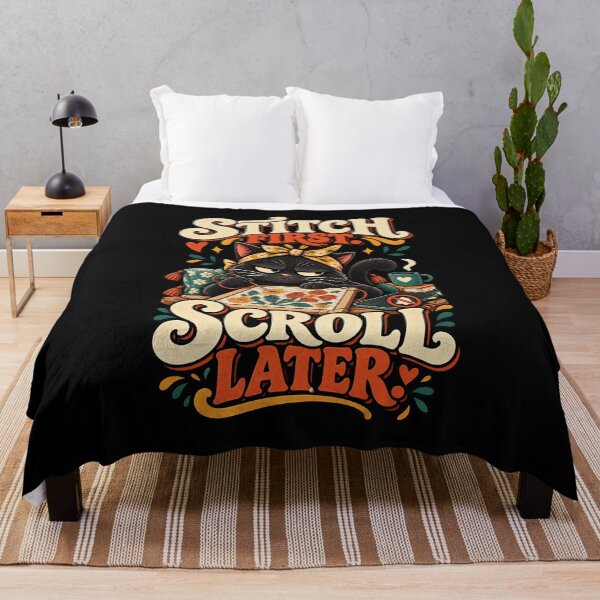 Artikelvorschau, Stitch First Scroll Later Black Cat Needlepoint Humor entworfen und verkauft von MOTIFOLK.
