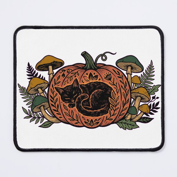 Item preview, Witchy Black Cat Sleeping in Floral Pumpkin Linocut Art Print designed and sold by AmadeusModern.