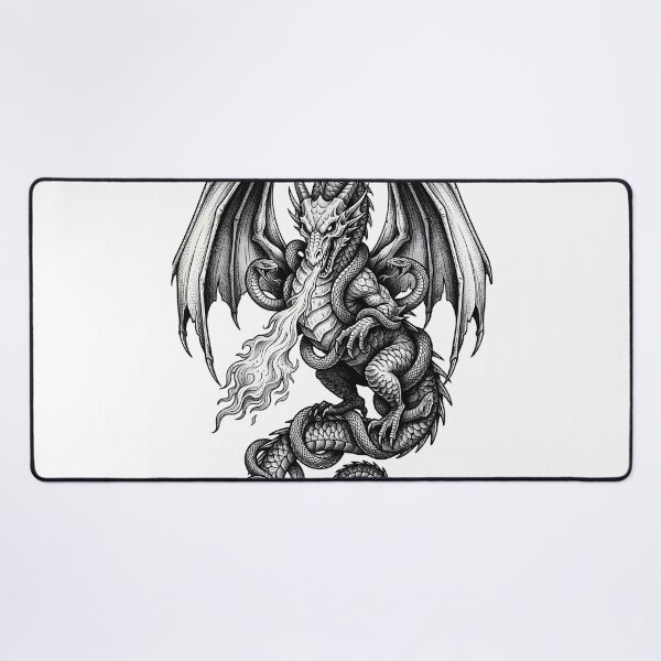 Artikelvorschau, Frontaler Drache mit zwei Vipern – Tuscheillustration mit Feueratem entworfen und verkauft von DragonSerpent Ink.