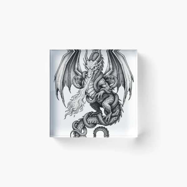 Artikelvorschau, Frontaler Drache mit zwei Vipern – Tuscheillustration mit Feueratem entworfen und verkauft von DragonSerpent Ink.