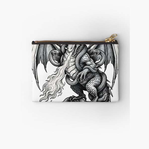 Artikelvorschau, Frontaler Drache mit zwei Vipern – Tuscheillustration mit Feueratem entworfen und verkauft von DragonSerpent Ink.