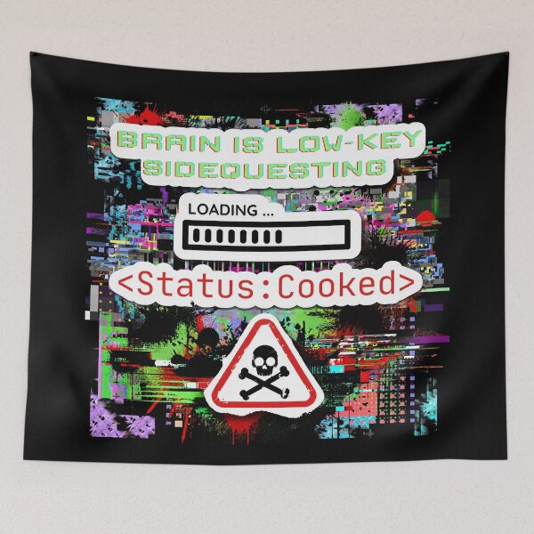 Item preview, Brain Is Low Key Sidequesting Status Cooked Glitchcore Sticker designed and sold by Side By Side Studio.