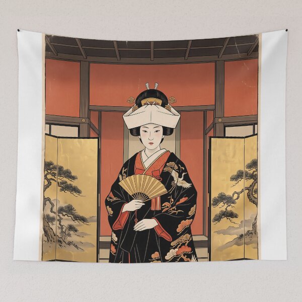 Item preview, Japanese Bride in Traditional Kimono with Folding Screen designed and sold by TokyoUkiyoHouse.