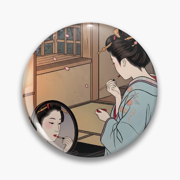 Artikelvorschau, Geisha schminkt sich vor einem Spiegel mit Kirschblüten entworfen und verkauft von TokyoUkiyoHouse.