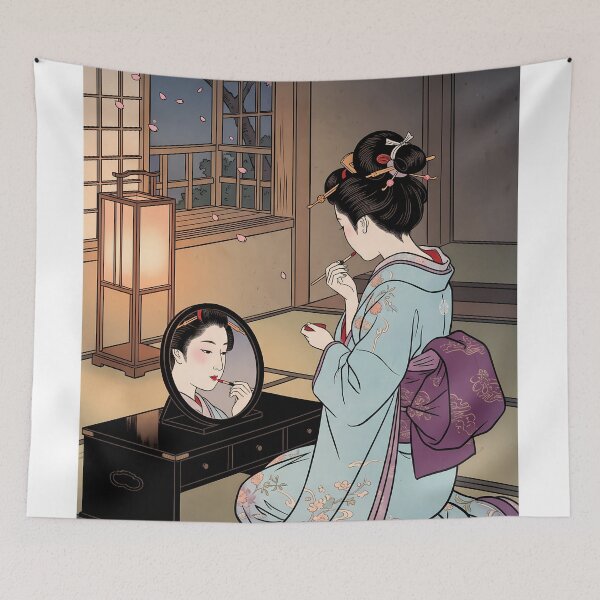 Artikelvorschau, Geisha schminkt sich vor einem Spiegel mit Kirschblüten entworfen und verkauft von TokyoUkiyoHouse.
