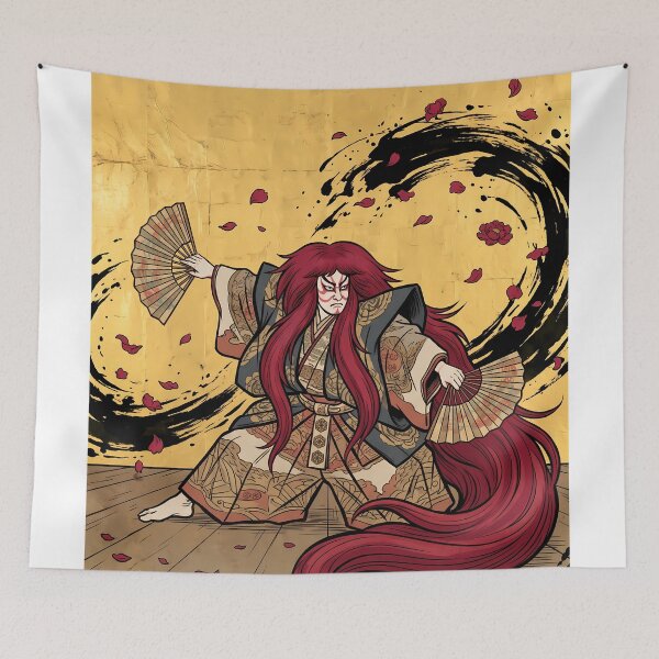 Item preview, Kabuki Red Lion Dance with Folding Fans designed and sold by TokyoUkiyoHouse.