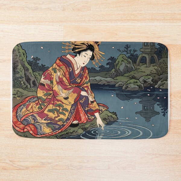 Item preview, Geisha Touching Water Reflection Cherry Blossoms Pond designed and sold by TokyoUkiyoHouse.
