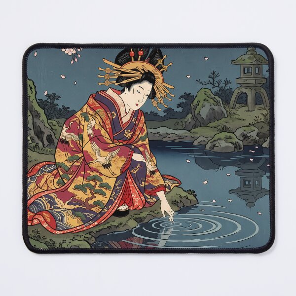Item preview, Geisha Touching Water Reflection Cherry Blossoms Pond designed and sold by TokyoUkiyoHouse.