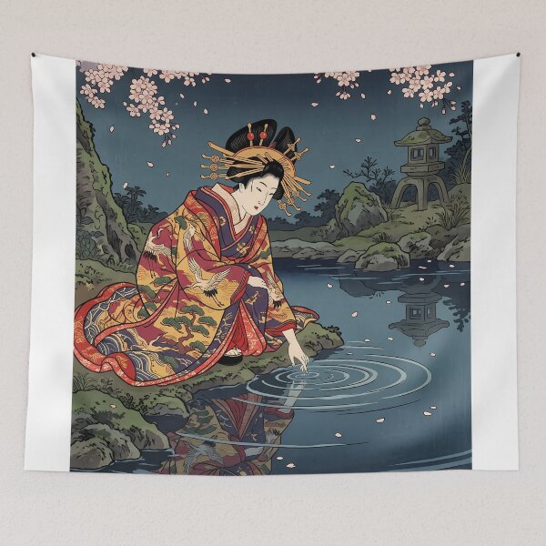 Item preview, Geisha Touching Water Reflection Cherry Blossoms Pond designed and sold by TokyoUkiyoHouse.