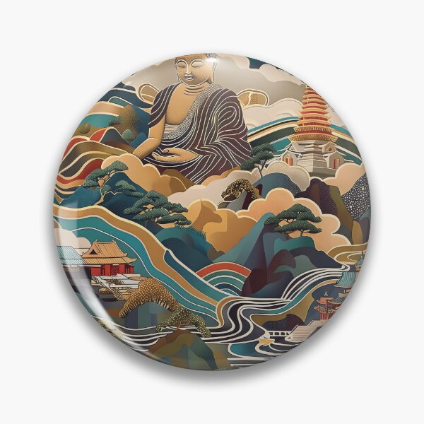 Item preview, Inspired by Yayoi Kusama Buddha Landscape Poster, Colorful Japanese Mountain Temple Art Print, Musee d'Art Moderne Wall Decor designed and sold by MorningJoco.