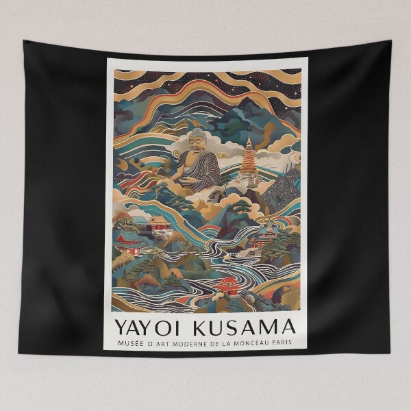 Item preview, Inspired by Yayoi Kusama Buddha Landscape Poster, Colorful Japanese Mountain Temple Art Print, Musee d'Art Moderne Wall Decor designed and sold by MorningJoco.