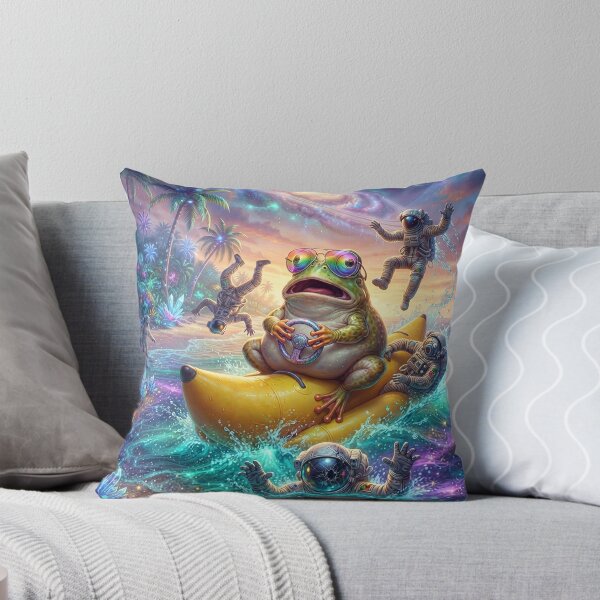 Aperçu de l'œuvre Grenouille sarcastique conduisant un bateau banane dans l'espace | Art pop surréaliste drôle créée et vendue par Rain-Road.